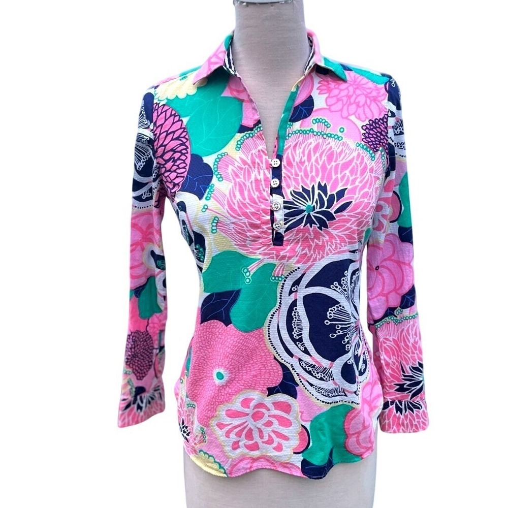 Talbots Floral Pastel Print Long Sleeve Button Up Top Colorful Retro Blouse PXS‎